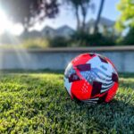 a soccer ball sitting on top of a lush green field
