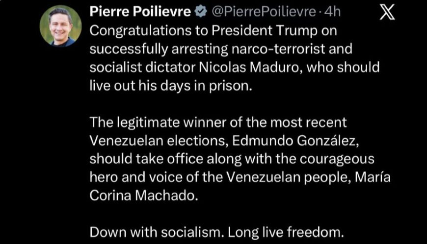 Pierre Poilievre’s congratulatory post to Donald Trump, showing how power politics and foreign intervention are being endorsed.