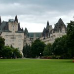 A large building with a large lawn in front of it