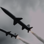 Modern ballistic missiles flying through a grey sky, illustrating the impact of Canada’s new Defence Industrial Strategy.