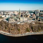 Aerial view of Parliament Hill and the Ottawa River