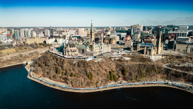 Aerial view of Parliament Hill and the Ottawa River