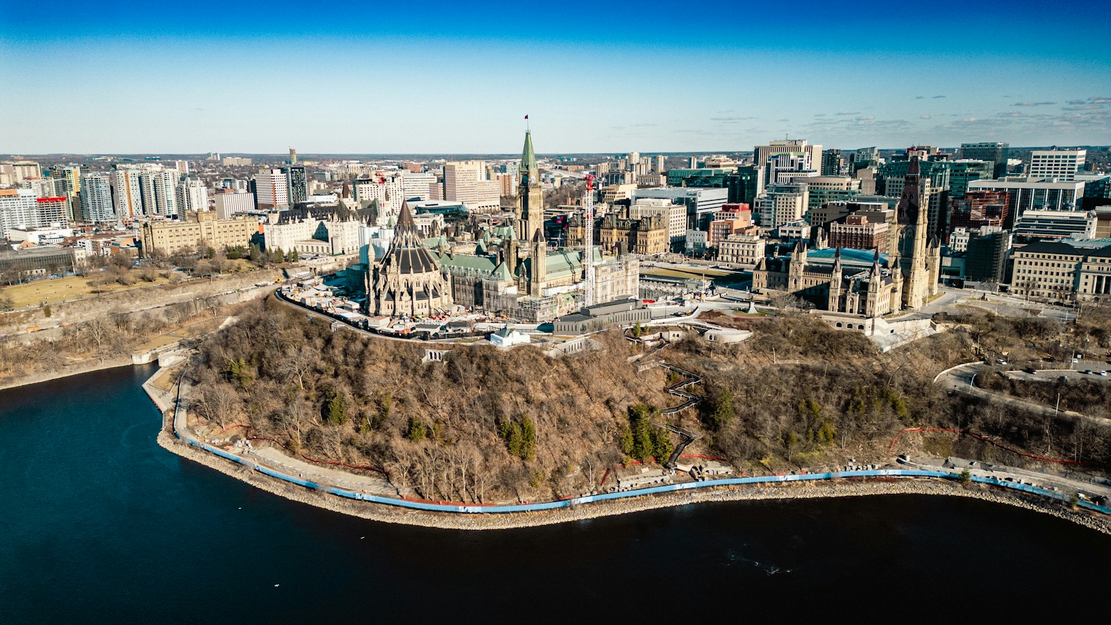Aerial view of Parliament Hill and the Ottawa River